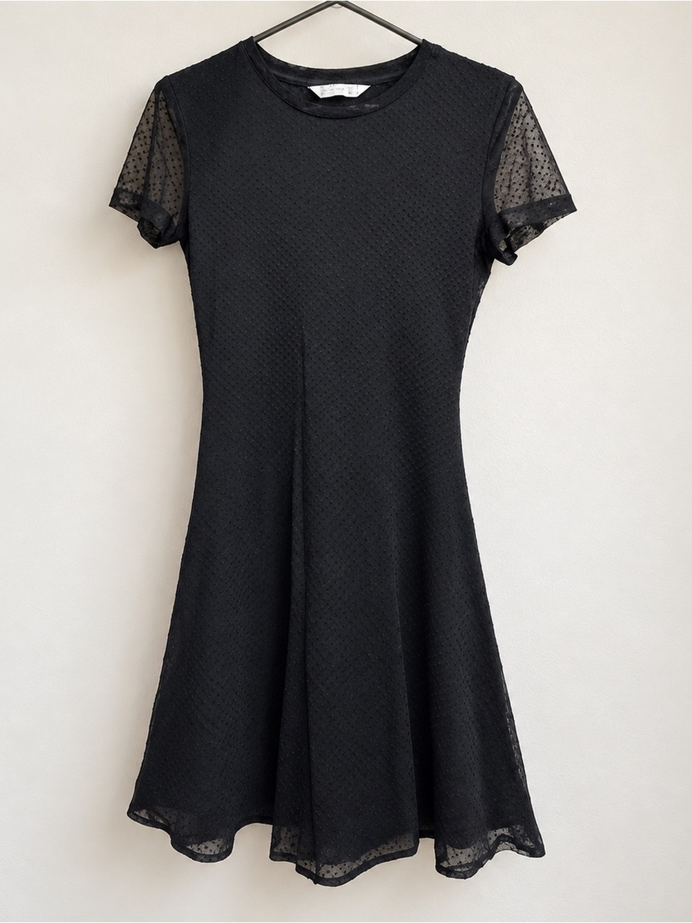Stradivarius Black Dotted Mesh Fit & Flare Dress Size S